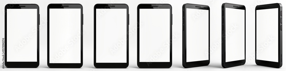 Multiple black smartphones displayed on white background. Modern tech devices. Blank screens for custom designs. Versatile mockup for app, product design. Template for graphic designers. Various Multiple black smartphones displayed on white background. Modern tech devices. Blank screens for custom designs. Versatile mockup for app, product design. Template for graphic designers. Various