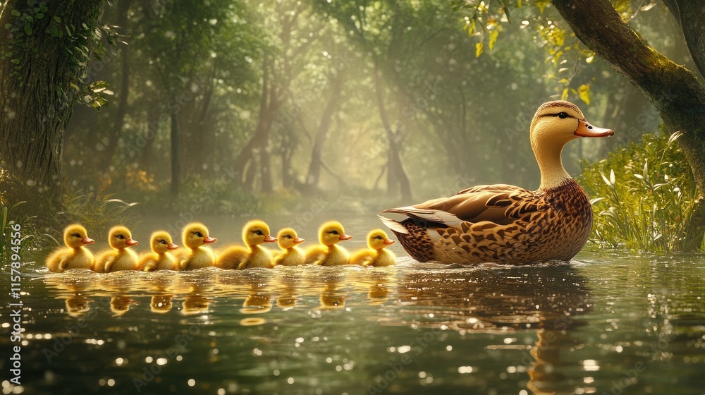 Fototapeta premium Mother Duck Leading Chicks Through Serene Forest Pond Scene