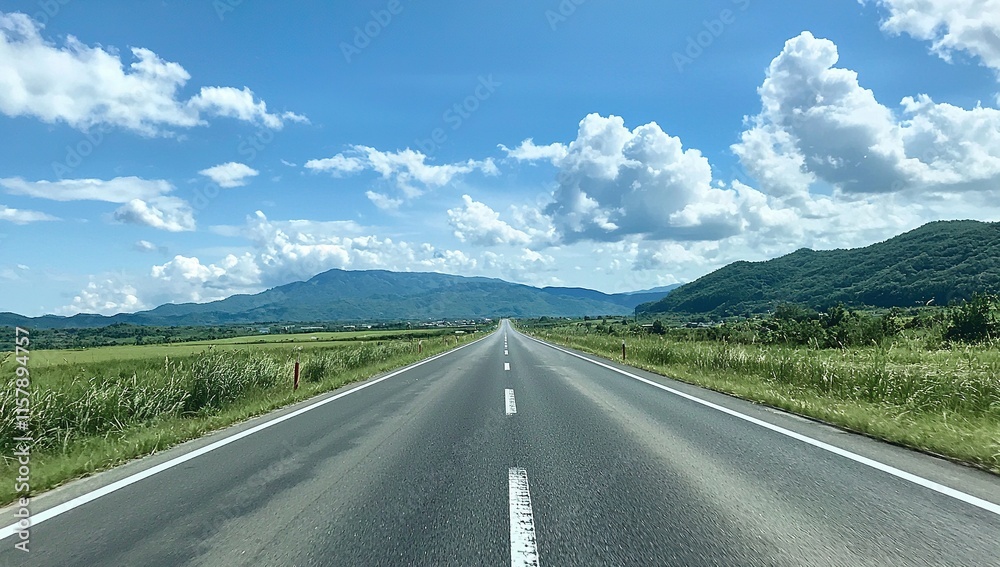 Empty Road Leading Towards Mountains Under Blue Sky With Clouds Empty Road Leading Towards Mountains Under Blue Sky With Clouds