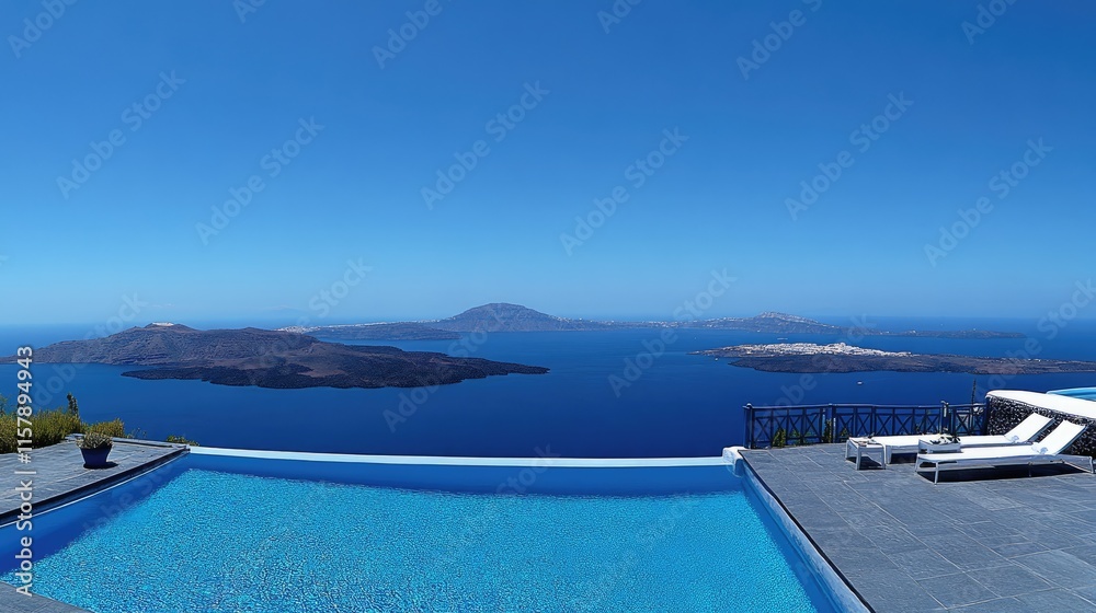 Scenic Infinity Pool Overlooking Blue Ocean and Island Landscape Scenic Infinity Pool Overlooking Blue Ocean and Island Landscape