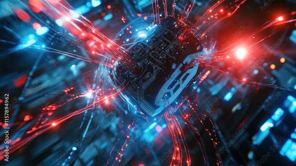 Futuristic tech node with glowing red and blue energy streams. Futuristic tech node with glowing red and blue energy streams.