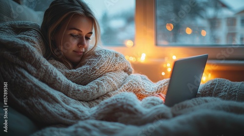 A young woman of European descent is wrapped in a cozy blanket, using a laptop in a warm, softly lit room. The mood is serene and wintery.