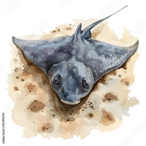 A watercolor illustration of a stingray hiding in sand, isolated on a white background. Stingray vector.
