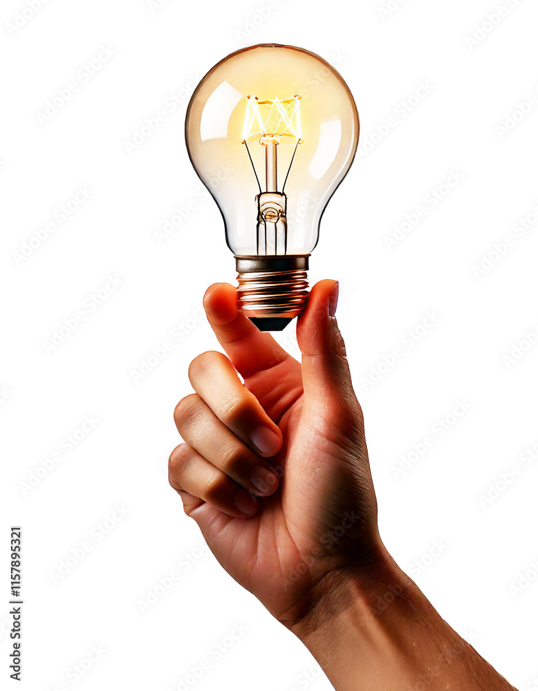 male Caucasian hand holding lit light bulb, isolated on white transparent background male Caucasian hand holding lit light bulb, isolated on white transparent background