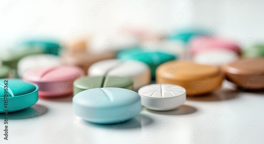 Close-up view of various colorful pills on white surface. Different shapes, colors. Medicine concept. Colorful assortment of tablets. Potential health care pharmacy product. Pharmaceutical industry. Close-up view of various colorful pills on white surface. Different shapes, colors. Medicine concept. Colorful assortment of tablets. Potential health care pharmacy product. Pharmaceutical industry.