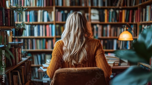 A woman with long blonde hair sits in a cozy library surrounded by bookshelves. The warm lighting creates a tranquil atmosphere, ideal for remote work.