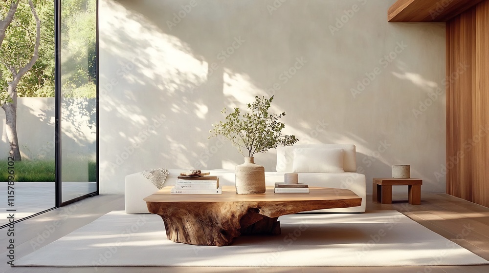 Fototapeta premium Serene Minimalist Living Room Photo: Warm Sunlight Illuminates Modern Interior Design. AI Generated
