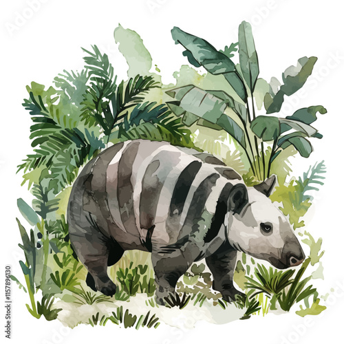 A watercolor drawing of a tapir walking in a rainforest, isolated on a white background. Tapir vector.
