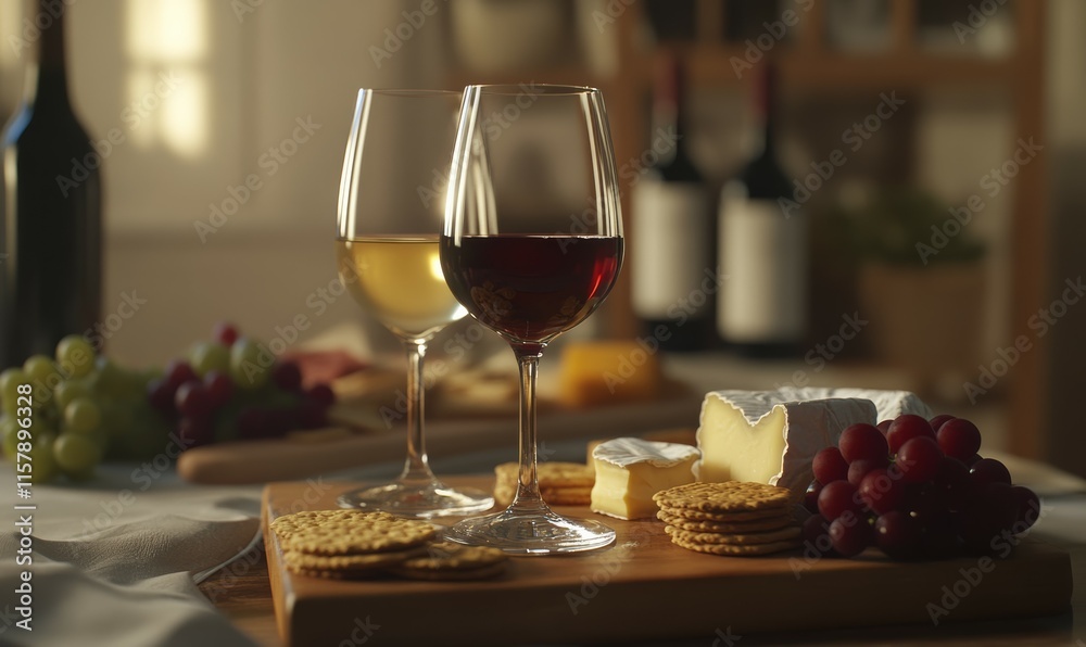 Naklejka premium Elegant table setup for wine tasting, featuring glasses of red and white wine, paired with cheeses, grapes, and crackers on a wooden board,