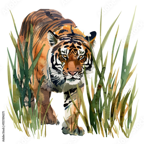 A watercolor vector of a tiger stalking in tall grass, isolated on a white background. Tiger vector.
