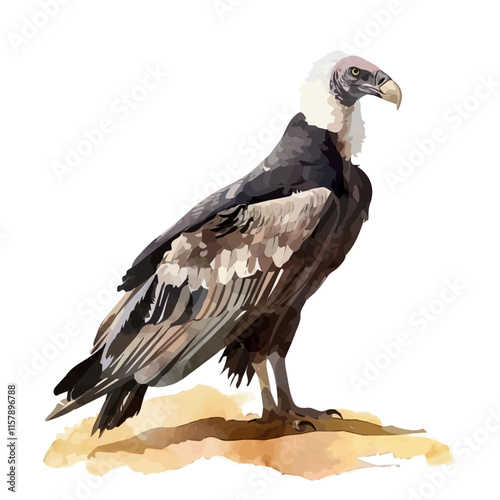 A watercolor painting of a vulture scanning the ground, isolated on a white background. Vulture vector.
