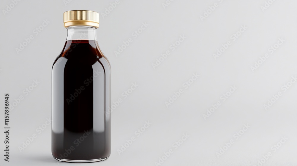 A glass bottle filled with dark liquid and a golden cap. A glass bottle filled with dark liquid and a golden cap.