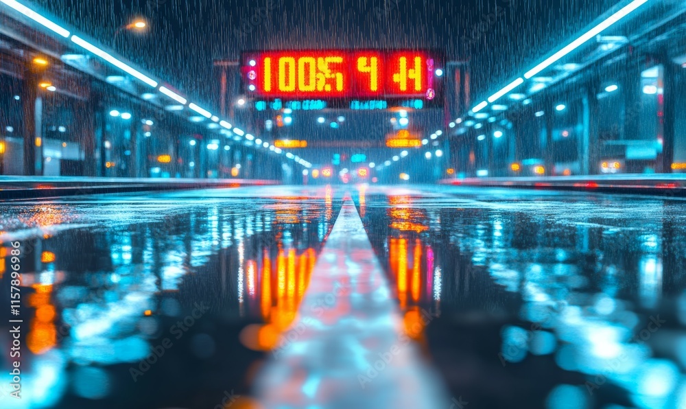 Futuristic neon city with a countdown billboard projecting a sense of urgency; rain streaks and reflections on slick pavement. Futuristic neon city with a countdown billboard projecting a sense of urgency; rain streaks and reflections on slick pavement.
