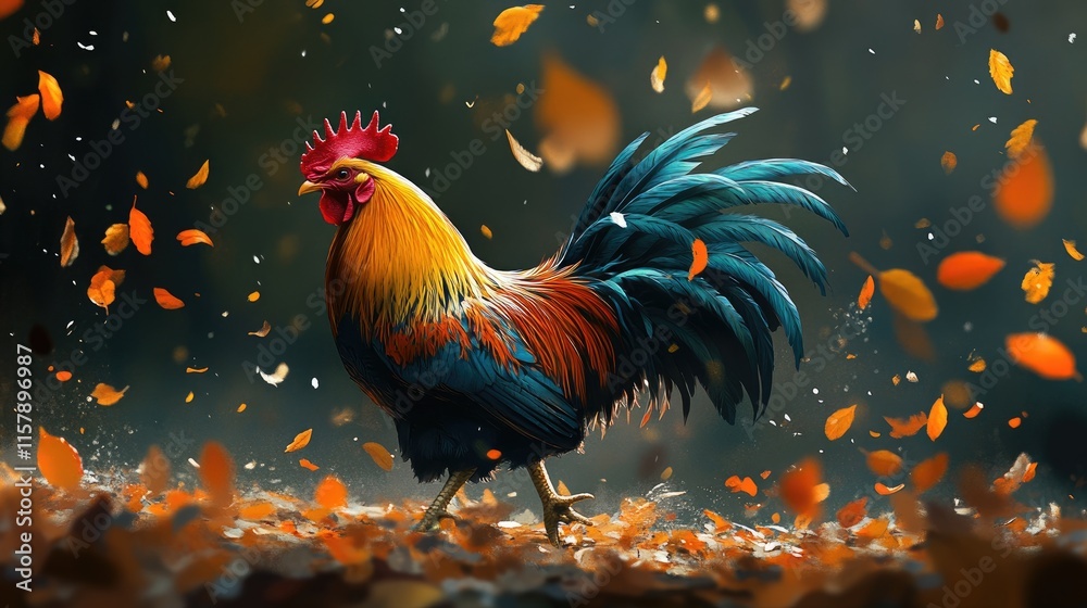 Fototapeta premium Colorful Rooster Walking Through Vibrant Autumn Leaves Landscape