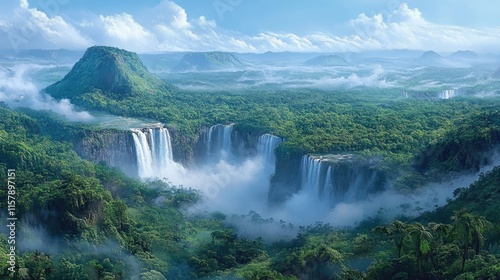 Majestic Waterfall Surrounded by Lush Green Forest and Mountains