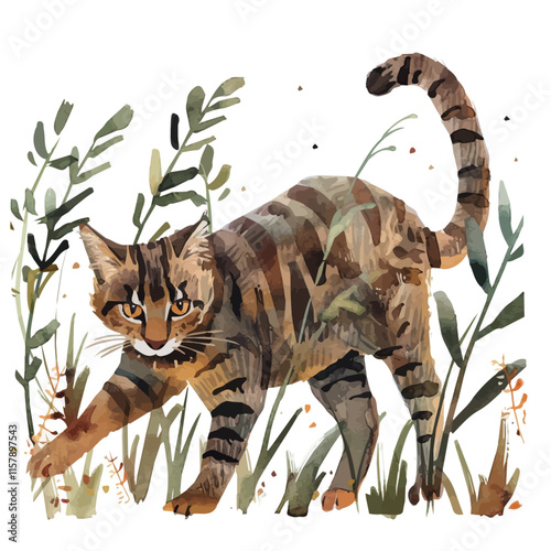 A watercolor painting of a wildcat prowling the forest floor, isolated on a white background. Wildcat vector.
