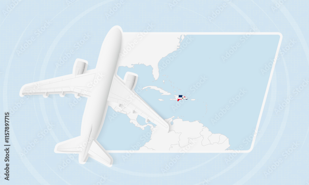Naklejka premium Dominican Republic Travel Illustration with Plane and National Flag. Airplane Flying Over Dominican Republic Map.
