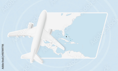 The Bahamas Travel Illustration with Plane and National Flag. Airplane Flying Over The Bahamas Map.