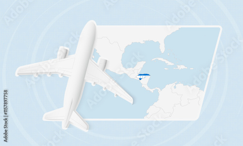 Honduras Travel Illustration with Plane and National Flag. Airplane Flying Over Honduras Map.