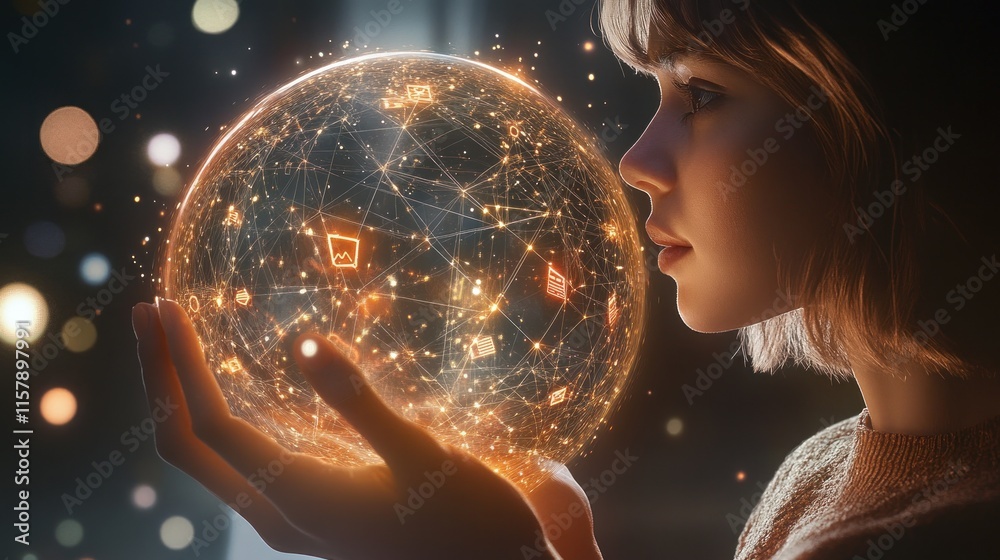 Naklejka premium Woman gazing at glowing orb, network data.