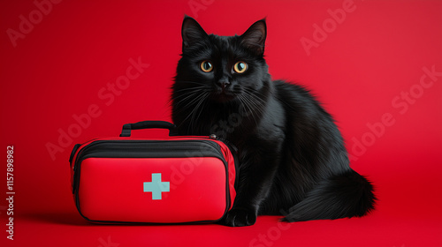 Black cat with first aid kit on vibrant red background for emergency care awareness
