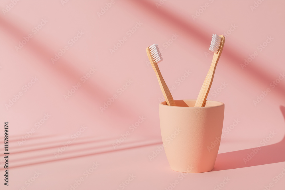 Two wooden toothbrushes in a glass on a pink background. Concept: living together, couple in love, family. Two wooden toothbrushes in a glass on a pink background. Concept: living together, couple in love, family.