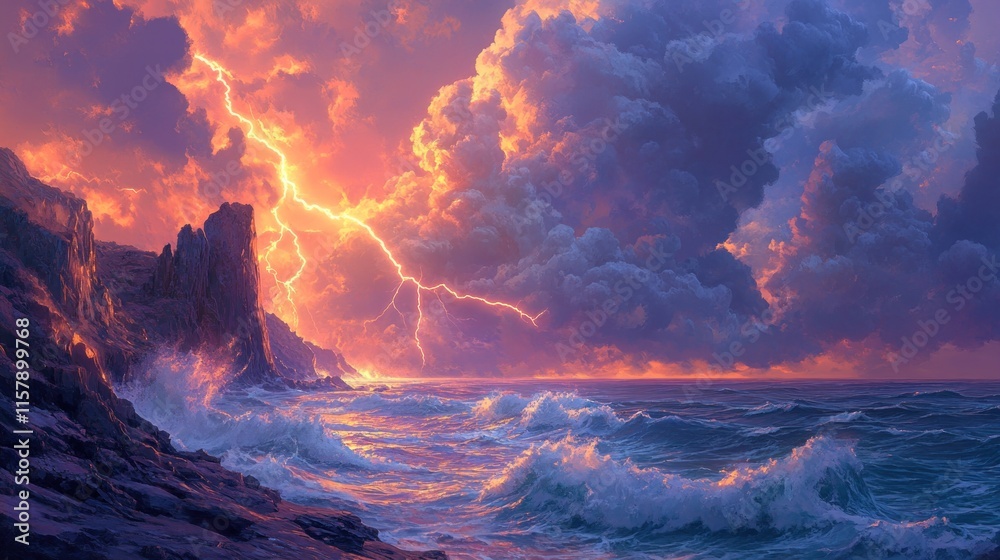Fototapeta premium Dramatic sunset with lightning striking over ocean waves and rocky coast.