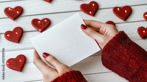 A blank Valentine’s Day card held by manicured hands in a cozy setting, surrounded by glittering red hearts and glowing lights photo