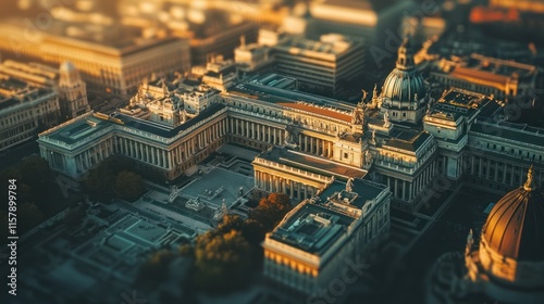 Aerial view of a grand palace complex at sunrise. photo