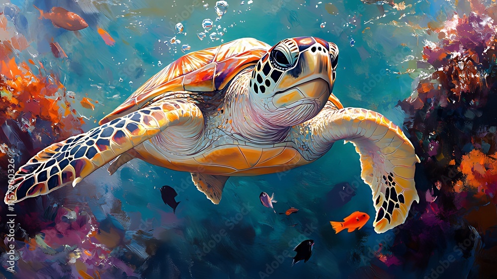 Obraz premium Vibrant sea turtle swimming amidst coral reef and colorful fish.