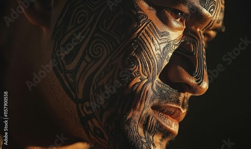 Maori warrior facial moko tattoo, showcasing intricate patterns and cultural significance under soft light. photo
