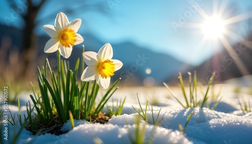 Spring flowers, grass emerge from melting snow. White daffodils bloom under bright sunlight. Springtime beauty in nature. New life appears after winter. Sunshine on ground. Early spring scenery.