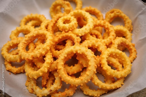 Golden fried onion rings piled in a paper-lined bowl photo