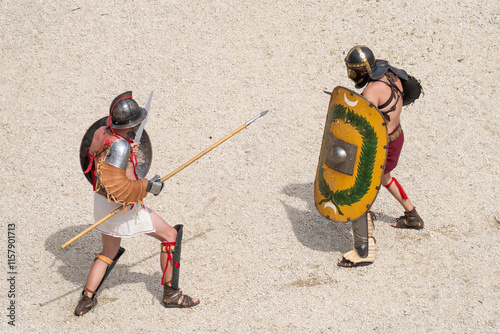 A fight of gladiators in a historical arena