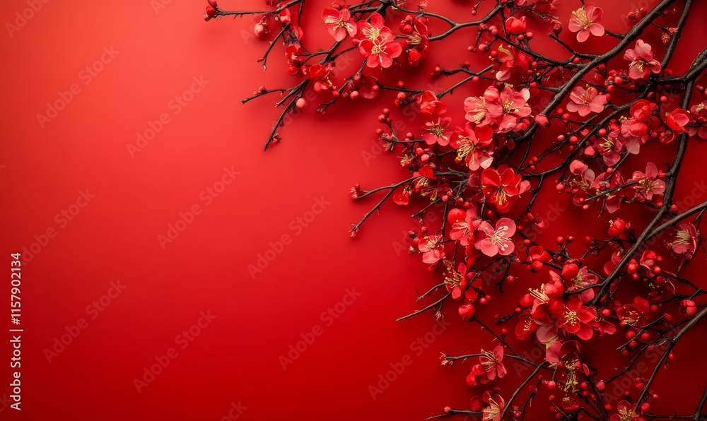 Copy space background with red cherry blossoms or Sakura on red background, festive, greeting, celebrating season concepts in 2025. Copy space background with red cherry blossoms or Sakura on red background, festive, greeting, celebrating season concepts in 2025.