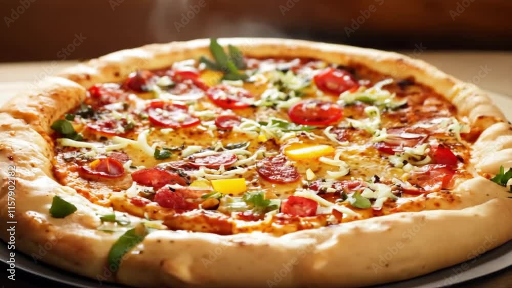 Hot salami pizza spins on a tray Hot salami pizza spins on a tray
