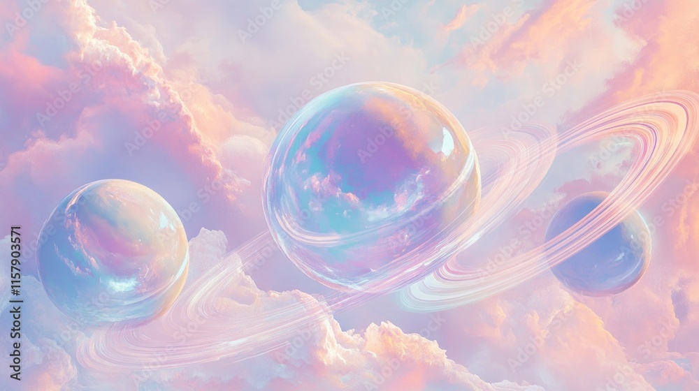 Pastel planets with rings in dreamy clouds. Pastel planets with rings in dreamy clouds.