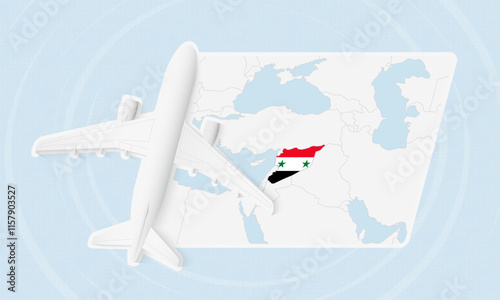 Syria Travel Illustration with Plane and National Flag. Airplane Flying Over Syria Map.