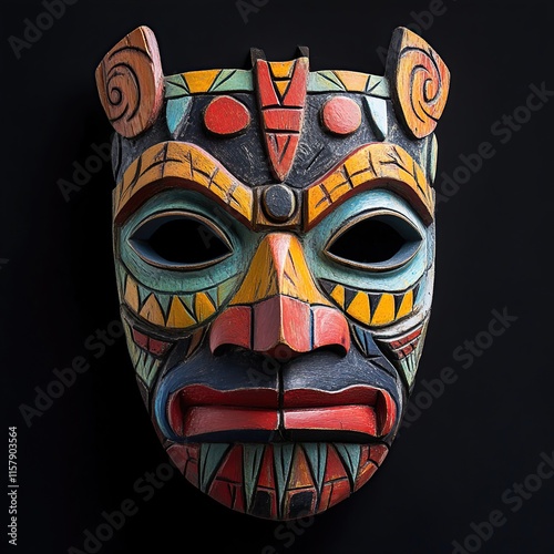 Colorful handcrafted wooden mask with tribal design. photo