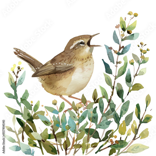 A watercolor vector painting of a wren singing from a bush, isolated on a white background. Wren vector.

