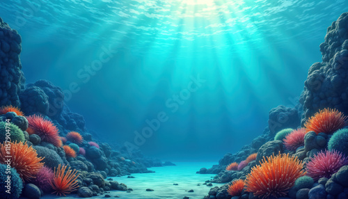 Underwater scene shows vibrant coral reef teeming with colorful anemones, marine life. Sunlight streams down through clear turquoise water. Calm, peaceful underwater landscape. Exotic tropical marine