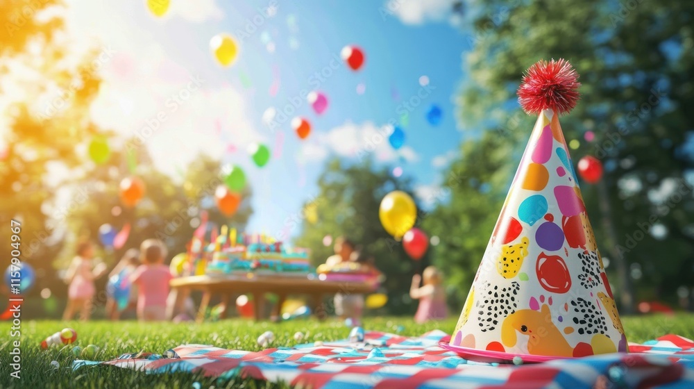 Naklejka premium Colorful party hat at a children's birthday picnic.