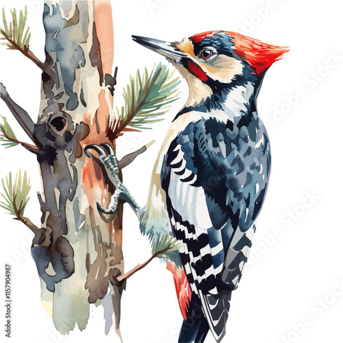 A watercolor vector painting of a woodpecker clinging to a pine tree, isolated on a white background. Woodpecker vector.

