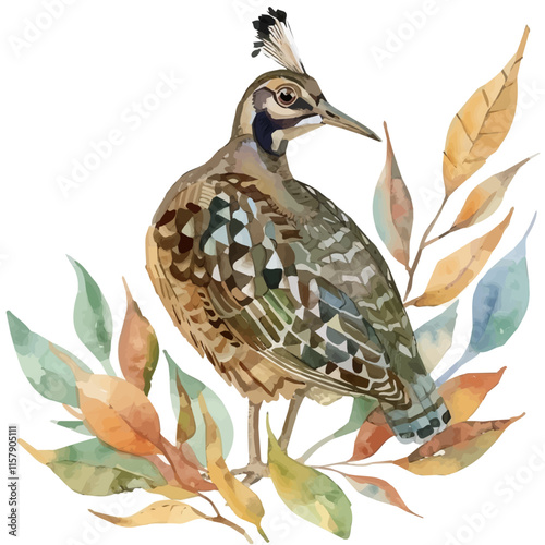 A watercolor vector painting of a woodcock camouflaged in leaves, isolated on a white background. Woodcock vector.

