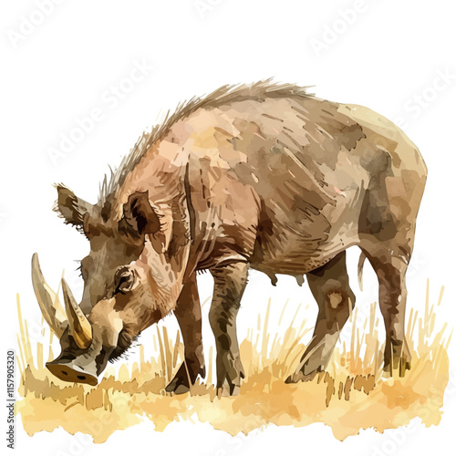 A watercolor vector painting of a warthog grazing in a savanna, isolated on a white background. Warthog vector.

