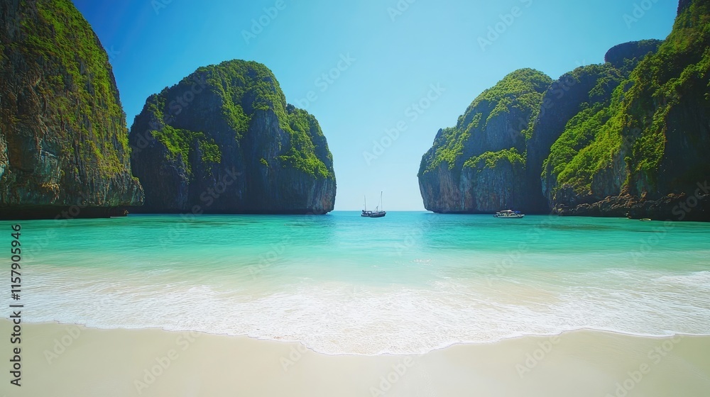 Fototapeta premium Serene Beach Landscape with Clear Water and Lush Green Cliffs
