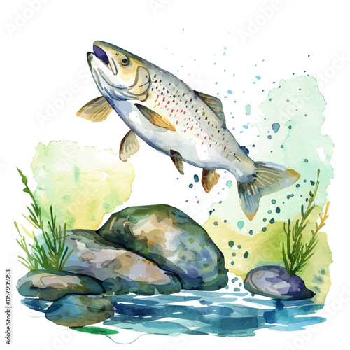 A watercolor vector painting of a trout leaping from a stream, isolated on a white background. Trout vector.

