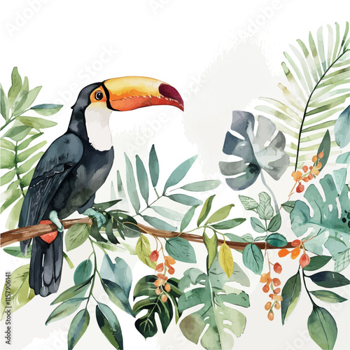 A watercolor vector painting of a toucan perched on a rainforest branch, isolated on a white background. Toucan vector.

