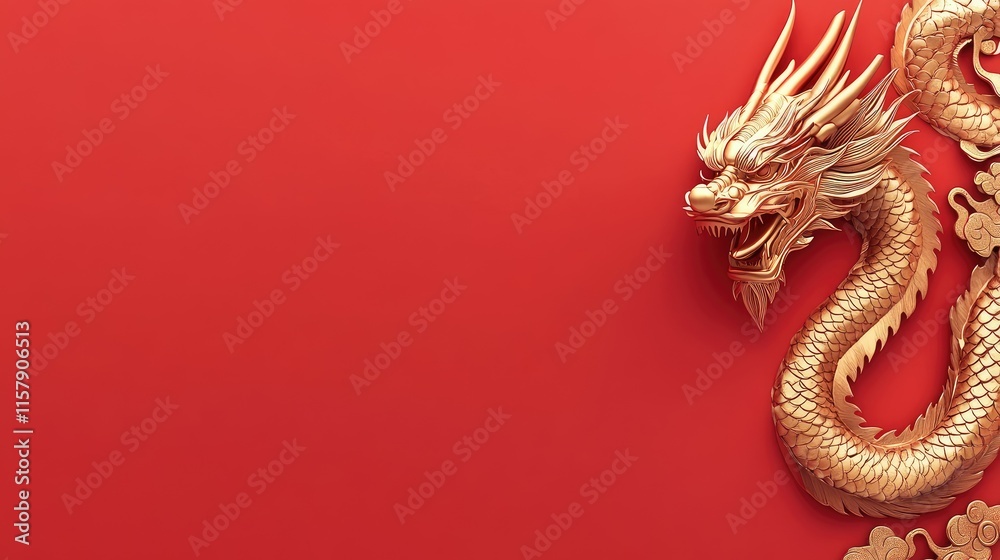 Golden Dragon Accent on Vibrant Red Background for Festive Display Golden Dragon Accent on Vibrant Red Background for Festive Display