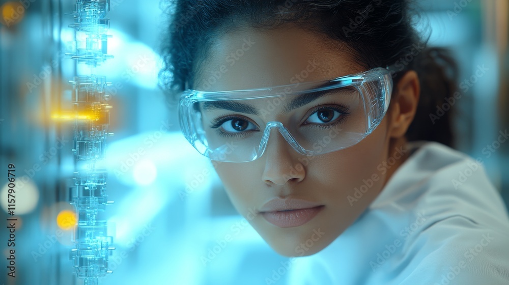A scientist wearing protective glasses peers intently at a futuristic lab setup, illustrating dedication and advanced technology in scientific exploration. A scientist wearing protective glasses peers intently at a futuristic lab setup, illustrating dedication and advanced technology in scientific exploration.
